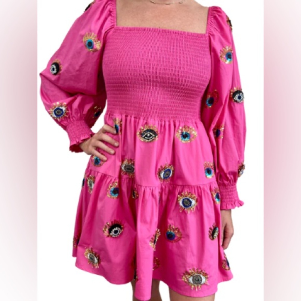 Queen Of Sparkles Hot Pink Evil Eye Mini Dress